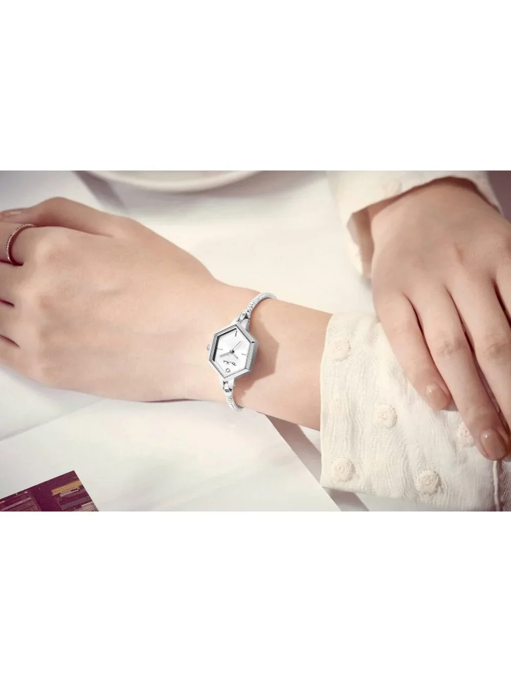 Women's Steel Shell - White Diamond Analog Hexagonal Mini Bracelet Watches